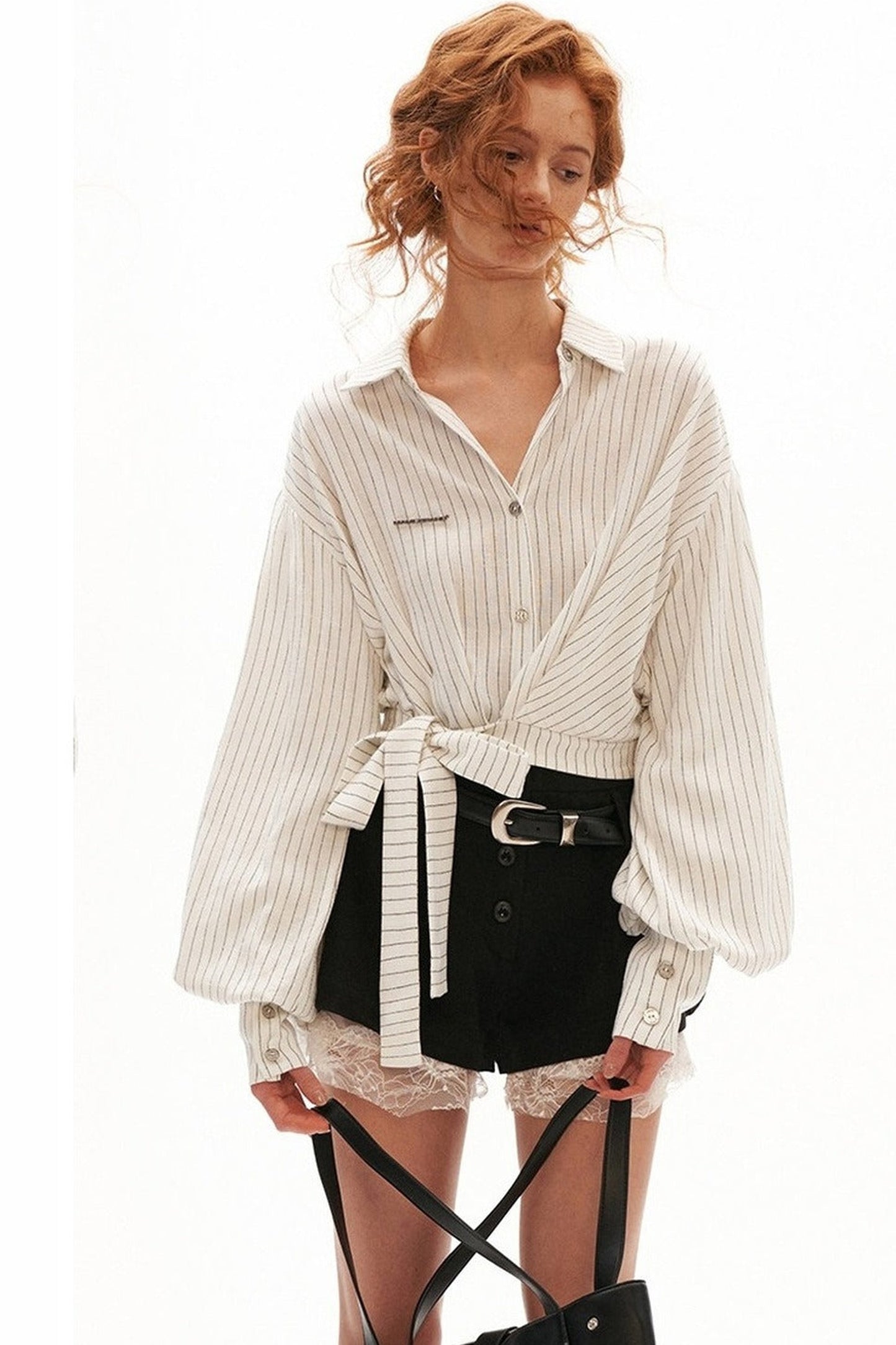 Vertical Striped Tie-Waist Lantern Sleeve Shirt