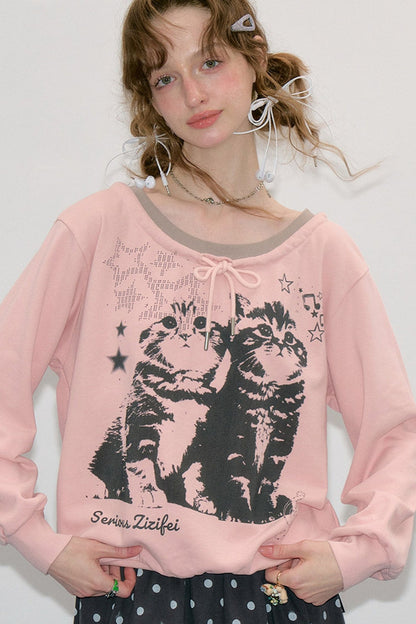 Pink Cat Print Tie Neck Sweatshirt