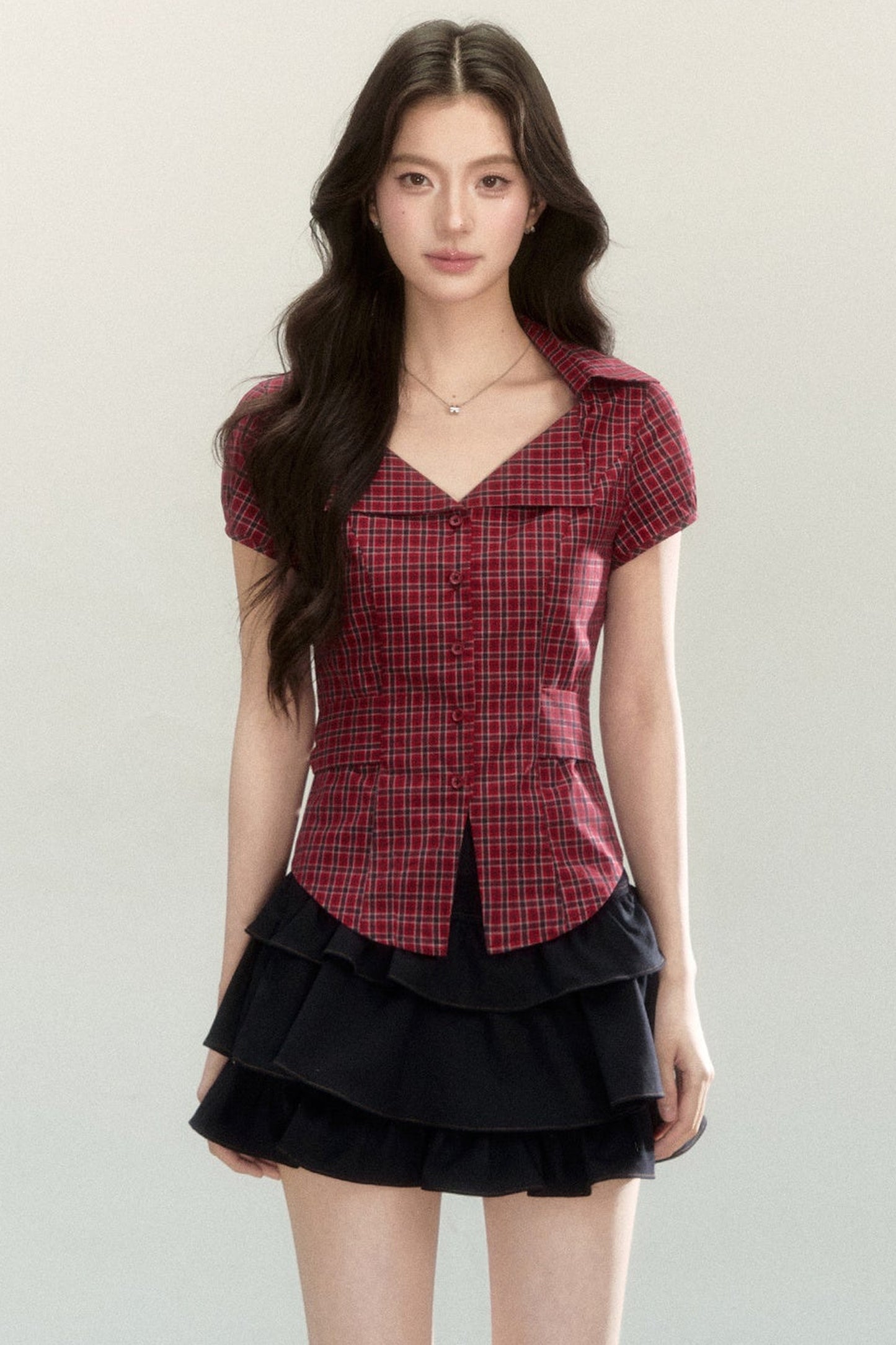Plaid Waist-Cinching Short-Sleeved Shirt
