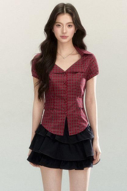 Plaid Waist-Cinching Short-Sleeved Shirt
