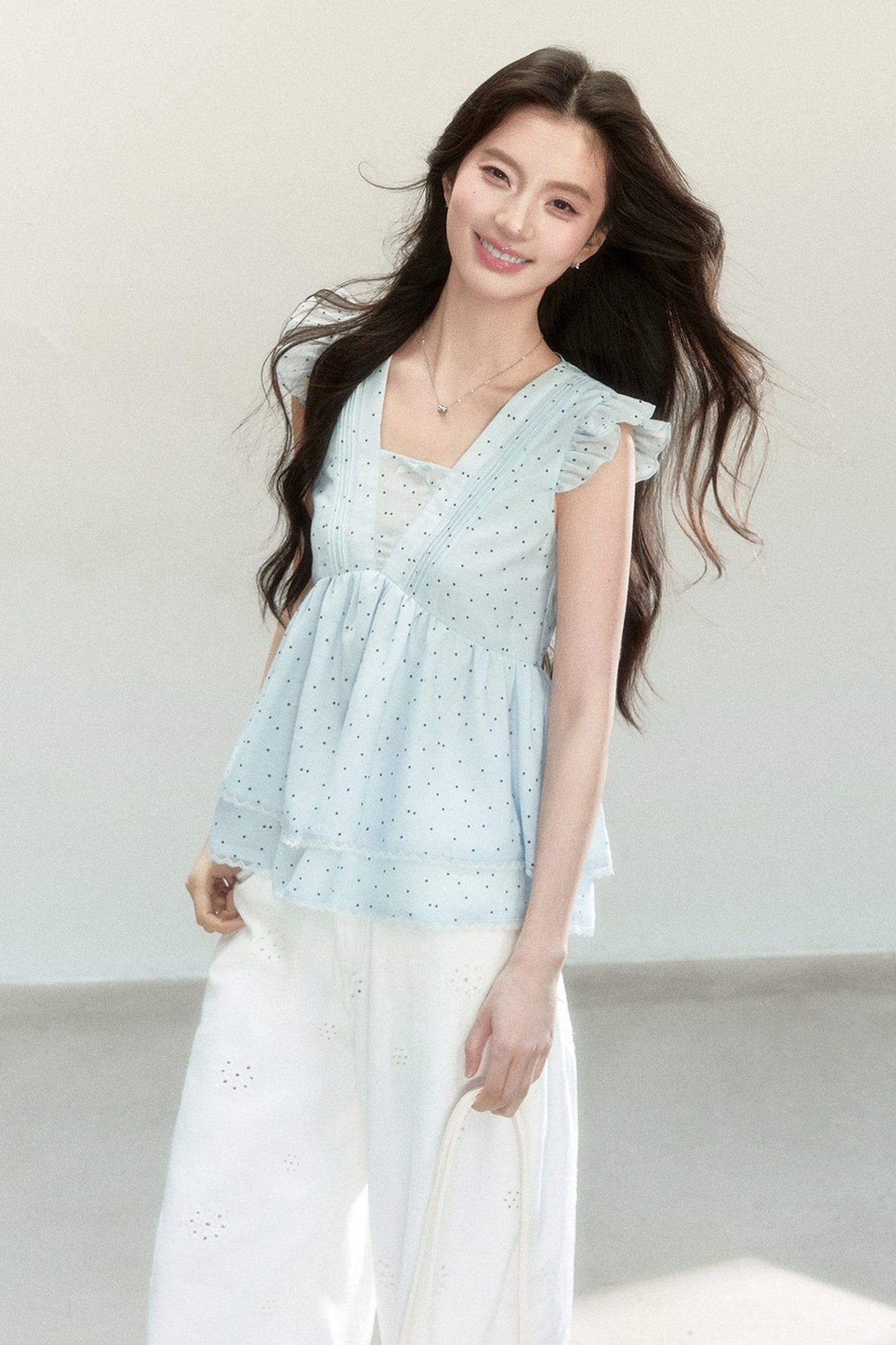 Blue Polka Dot Flutter Sleeve Blouse