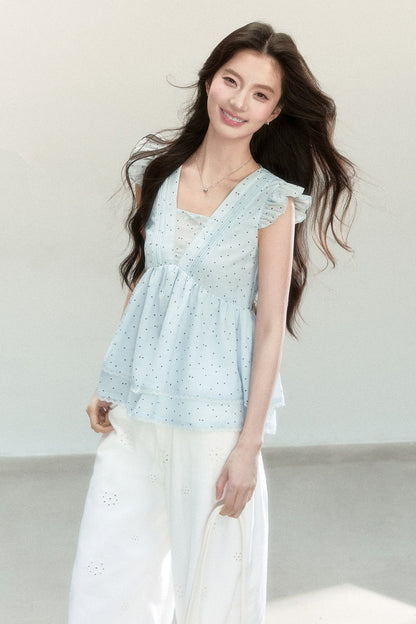 Blue Polka Dot Flutter Sleeve Blouse