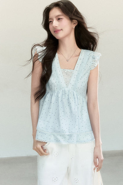 Blue Polka Dot Flutter Sleeve Blouse