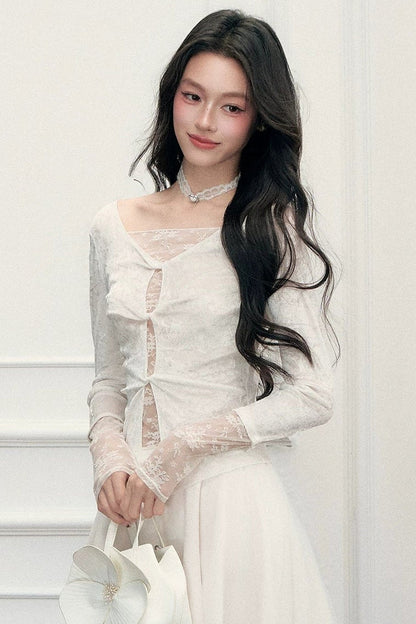 Twisted Hollow Lace Top and Skirt Set-Up