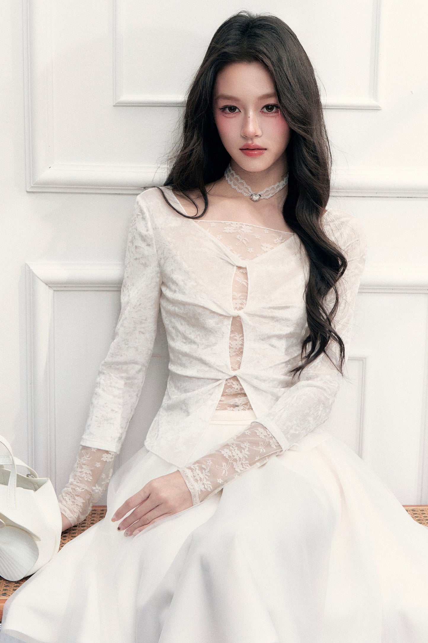 Twisted Hollow Lace Top and Skirt Set-Up