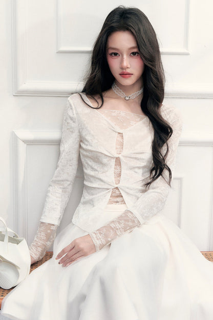 Twisted Hollow Lace Top and Skirt Set-Up