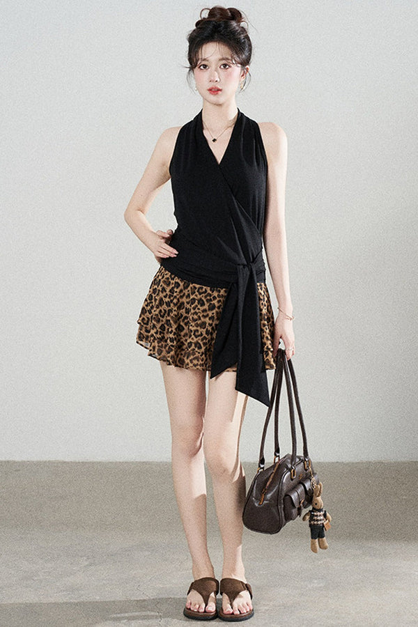 Multi-Color Halter Top and Leopard Print Skirt Set-Up