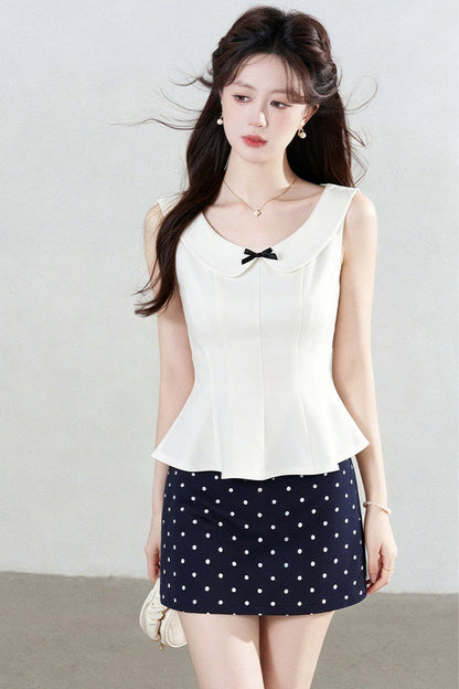 White Sleeveless Shirt and Polka Dot Skirt Set-Up