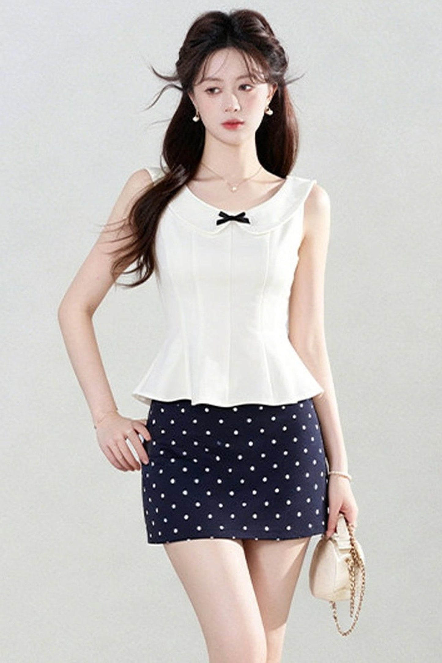White Sleeveless Shirt and Polka Dot Skirt Set-Up
