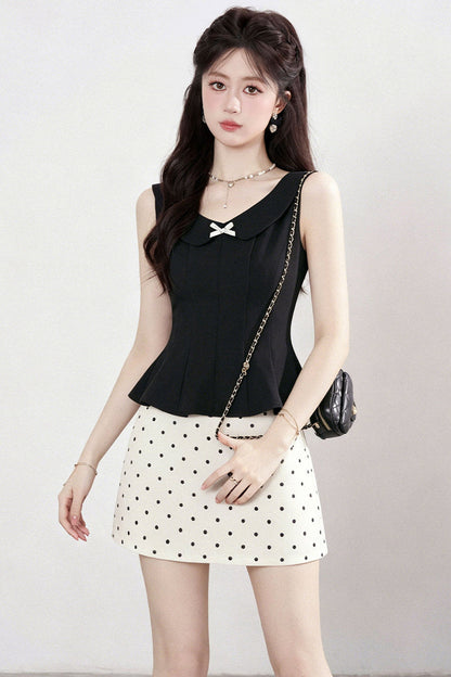 White Sleeveless Shirt and Polka Dot Skirt Set-Up