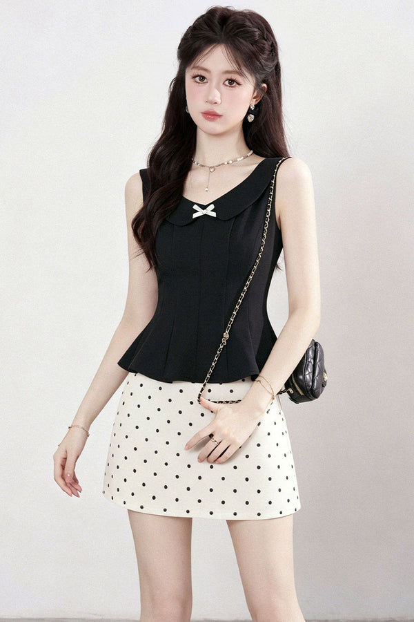White Sleeveless Shirt and Polka Dot Skirt Set-Up