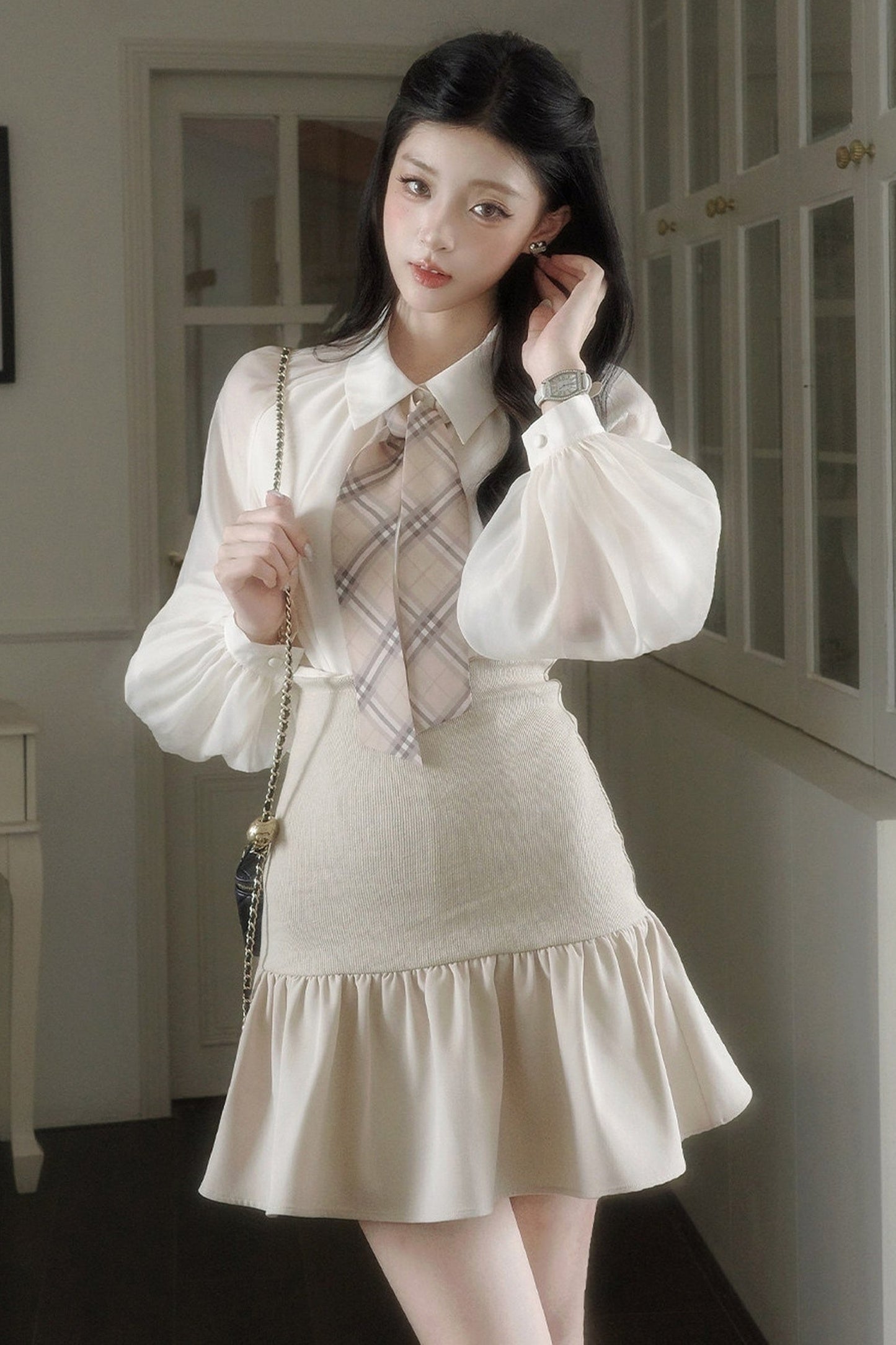 Plaid Ribbon Lantern Sleeve Shirt and Skirt Set-Up