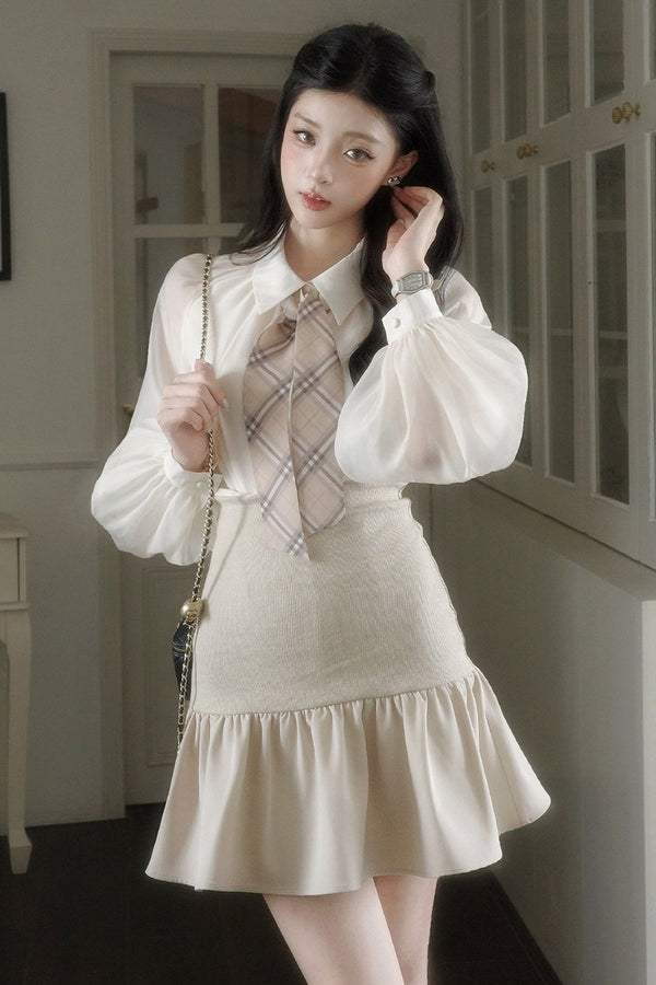 Plaid Ribbon Lantern Sleeve Shirt and Skirt Set-Up