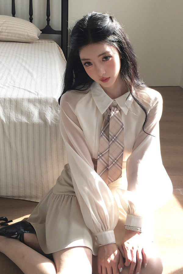 Plaid Ribbon Lantern Sleeve Shirt and Skirt Set-Up