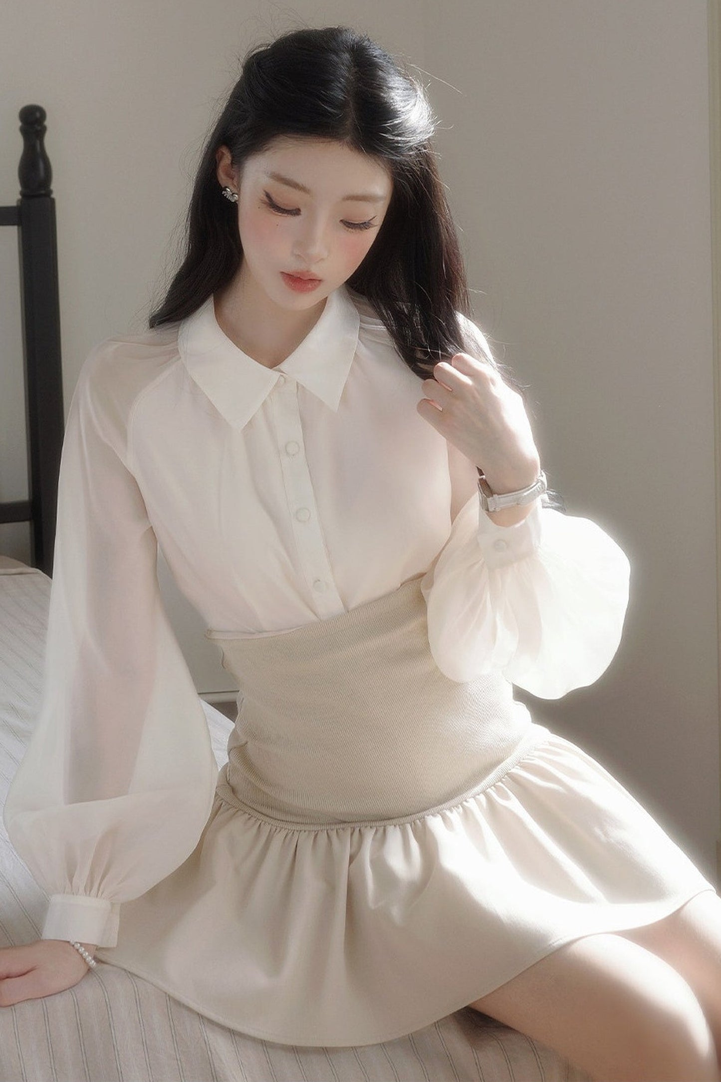 Plaid Ribbon Lantern Sleeve Shirt and Skirt Set-Up