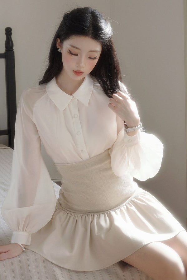 Plaid Ribbon Lantern Sleeve Shirt and Skirt Set-Up