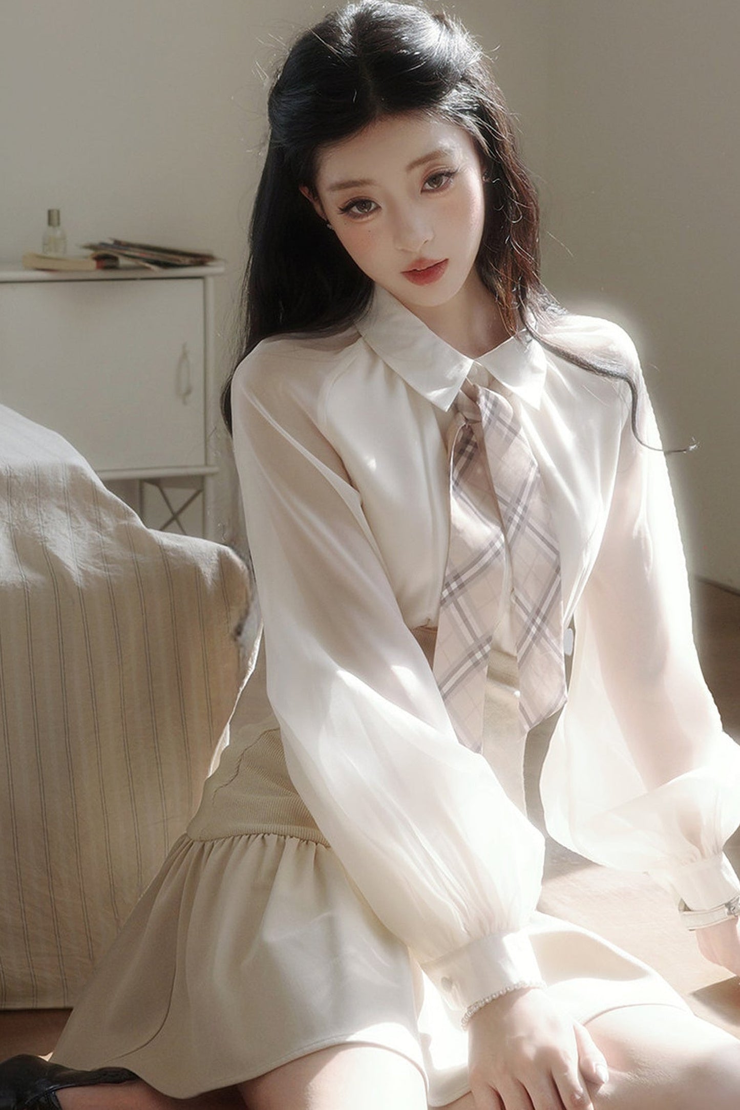 Plaid Ribbon Lantern Sleeve Shirt and Skirt Set-Up