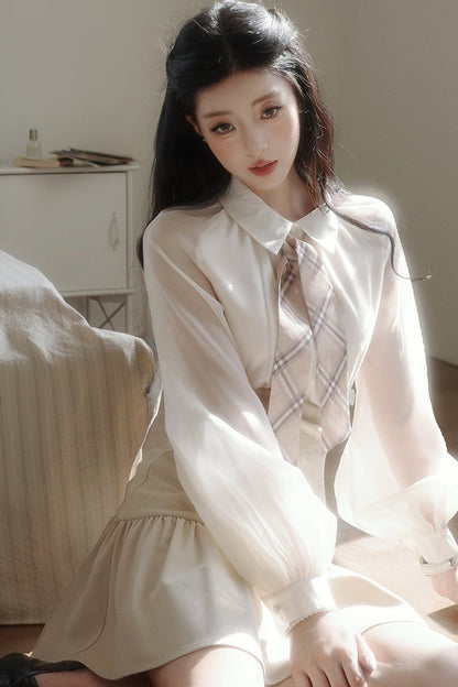 Plaid Ribbon Lantern Sleeve Shirt and Skirt Set-Up