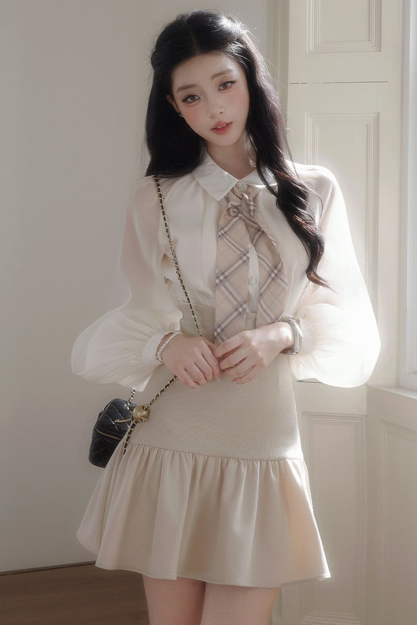 Plaid Ribbon Lantern Sleeve Shirt and Skirt Set-Up
