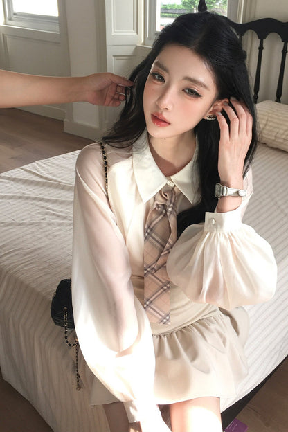 Plaid Ribbon Lantern Sleeve Shirt and Skirt Set-Up