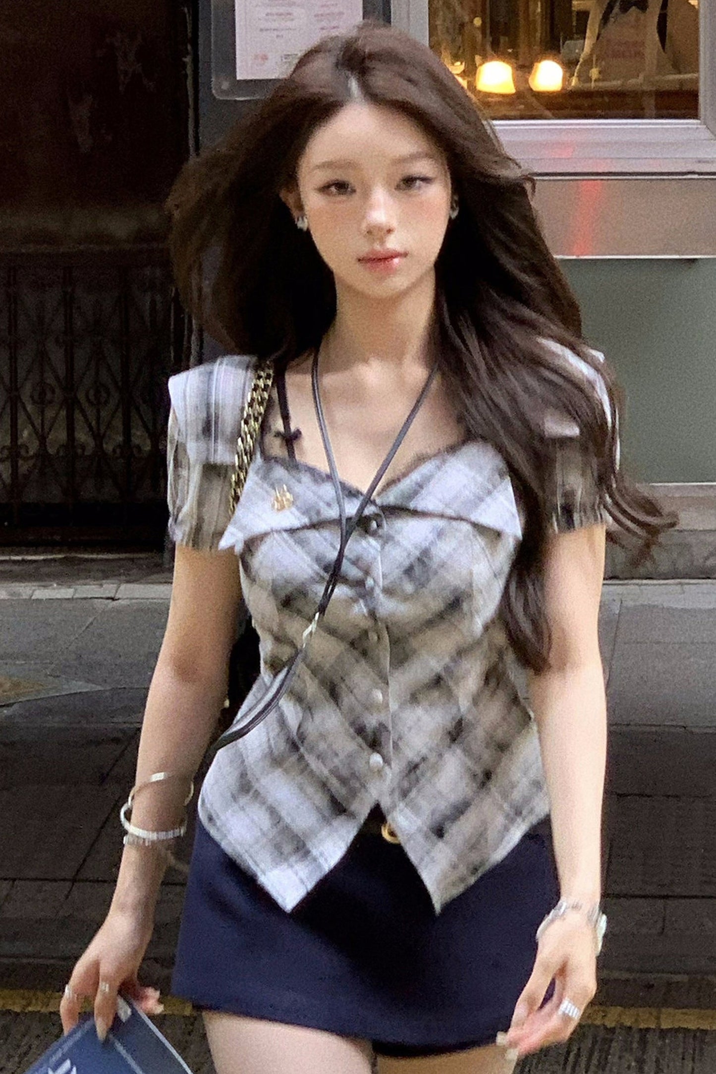 Plaid Patchwork Lace Bow Top and Black Hot Pants Set-Up