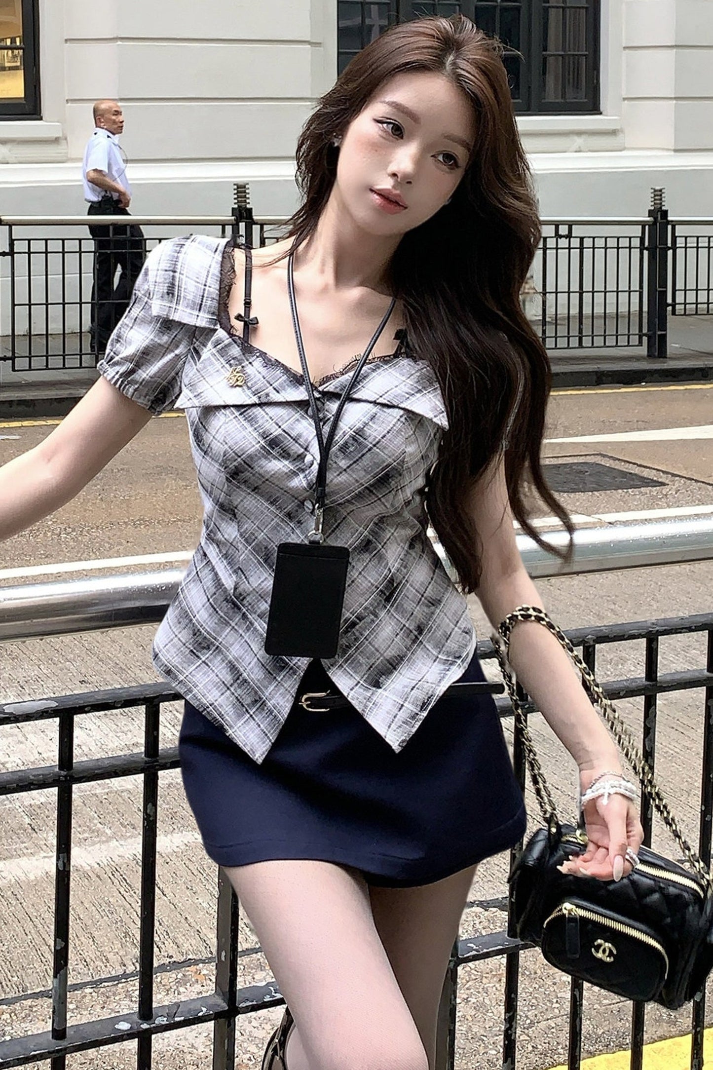 Plaid Patchwork Lace Bow Top and Black Hot Pants Set-Up