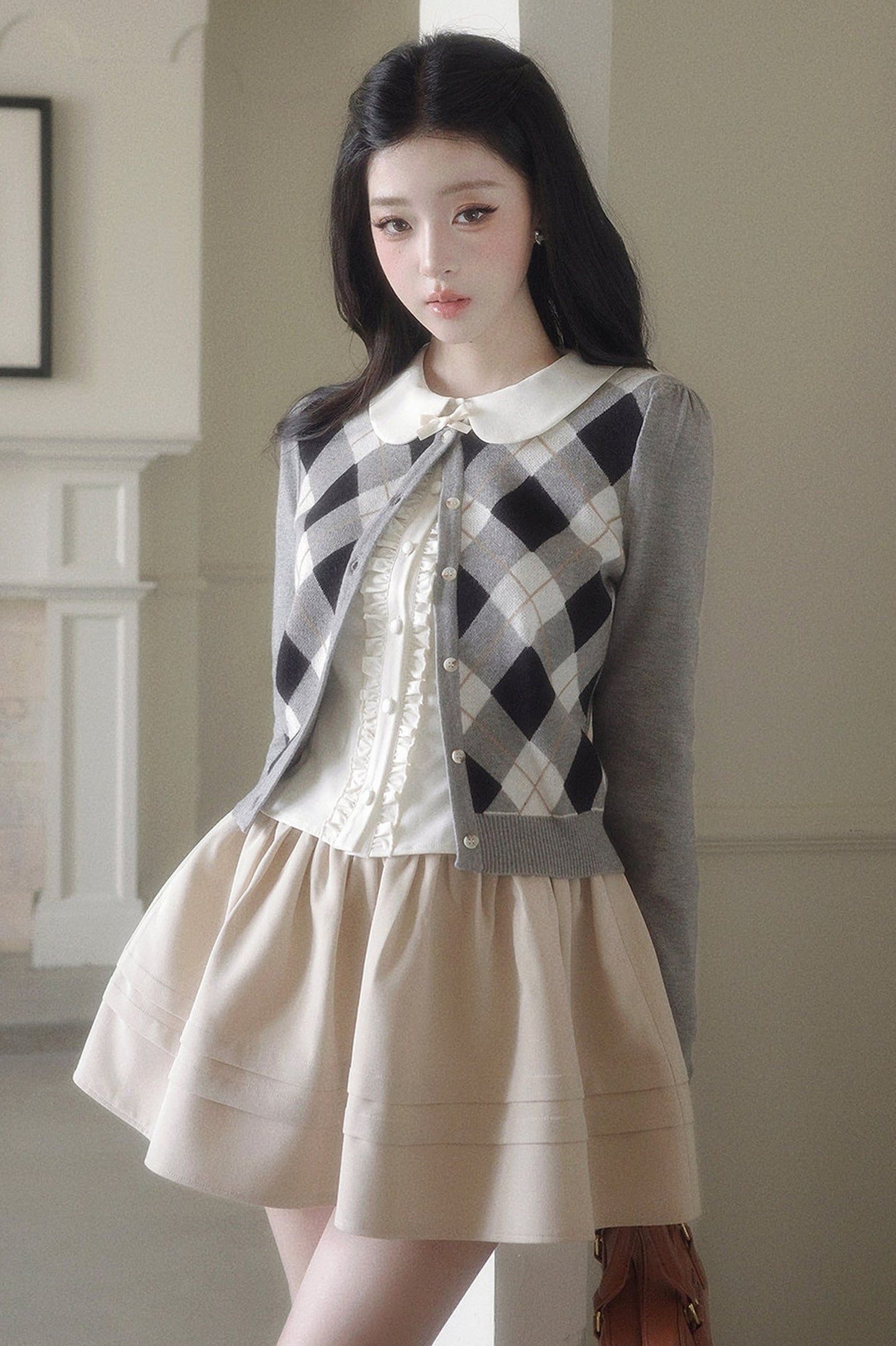 Retro Diamond Knit Cardigan Set-Up