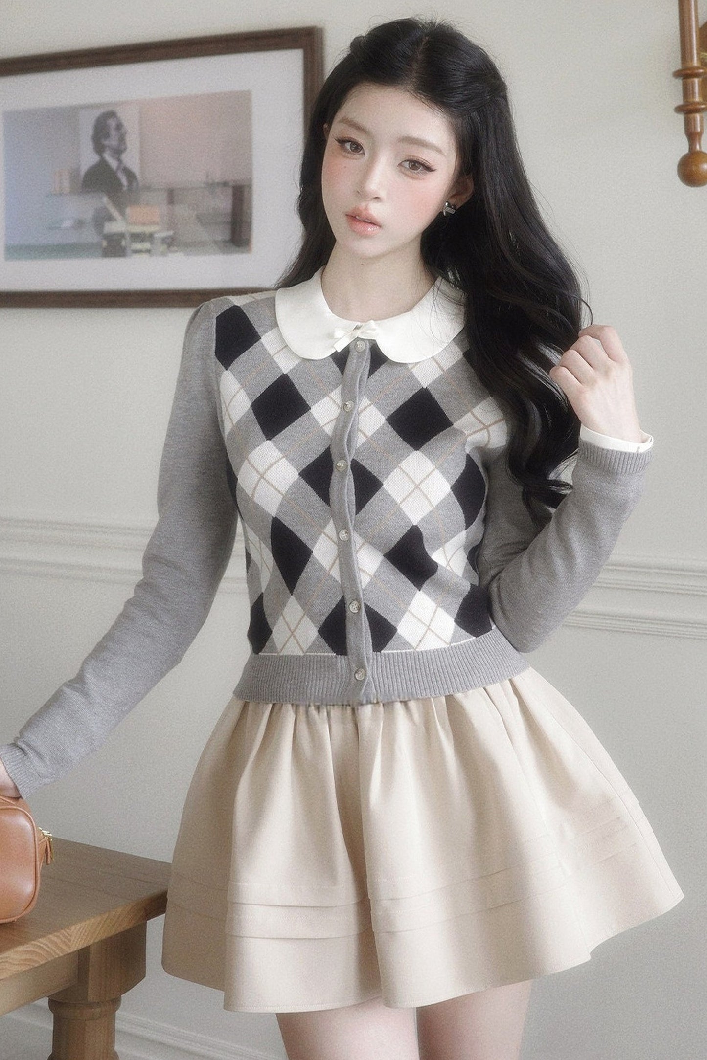 Retro Diamond Knit Cardigan Set-Up