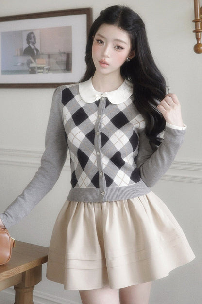 Retro Diamond Knit Cardigan Set-Up