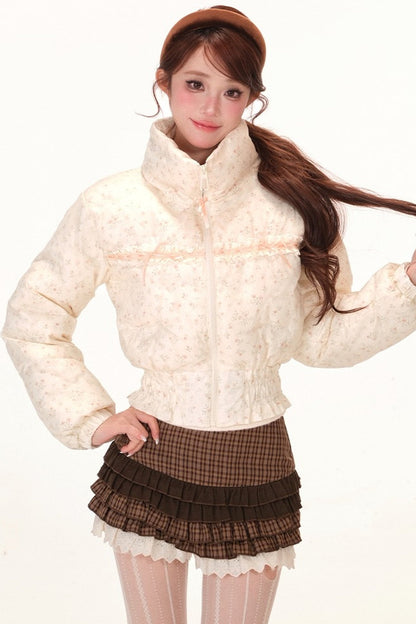 Short Floral Down Jacket Skirt Set-Up