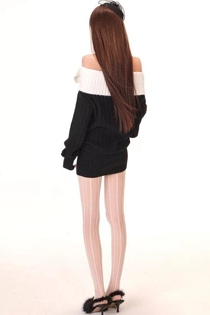 Off-Shoulder Bowknot Pom-Pom Knit Dress