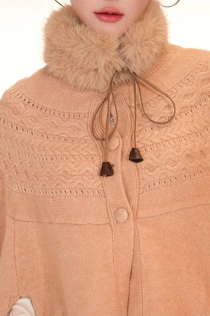 Camel Twisted Wool Knit Cape and Furry Scarf Set