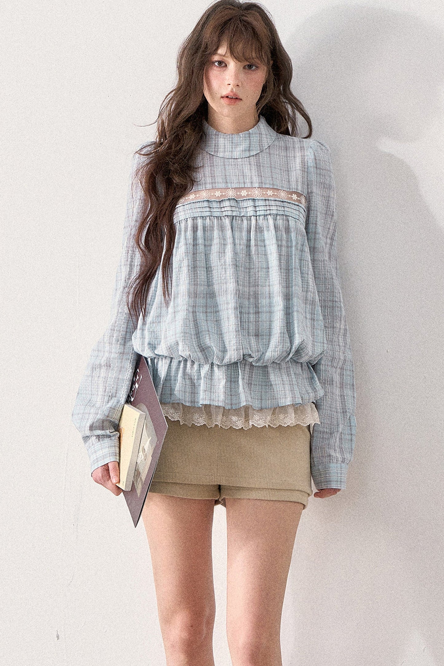 Mint Plaid Lace Blouse
