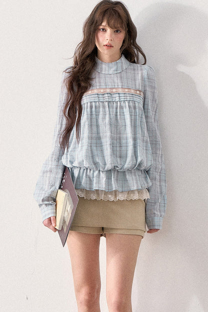 Mint Plaid Lace Blouse