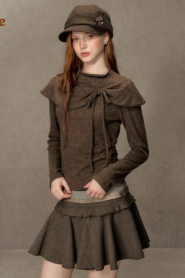 Bowknot Cape Collar Long Sleeve Top