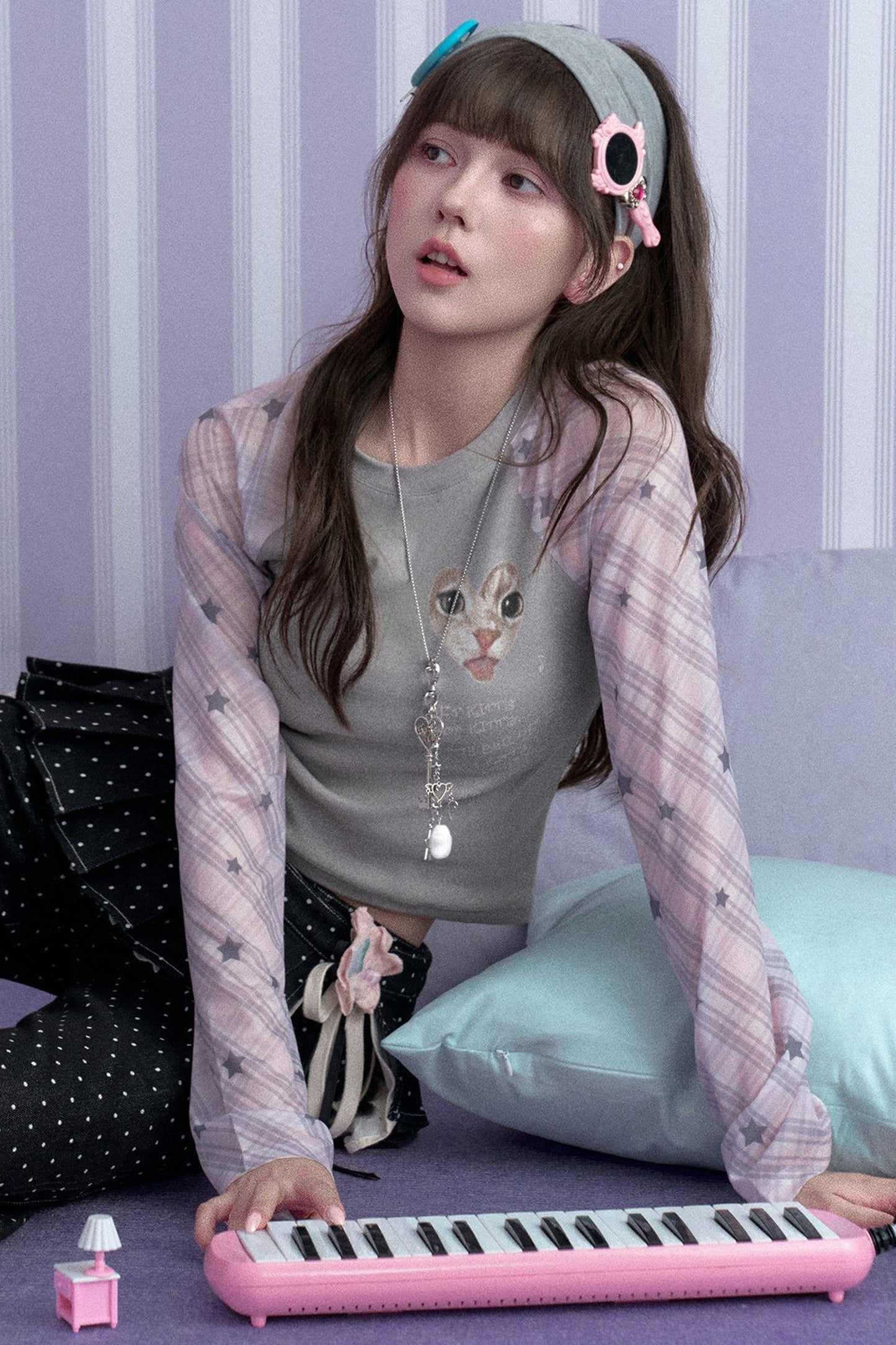 Gray Pink Cat Print Raglan T-shirt