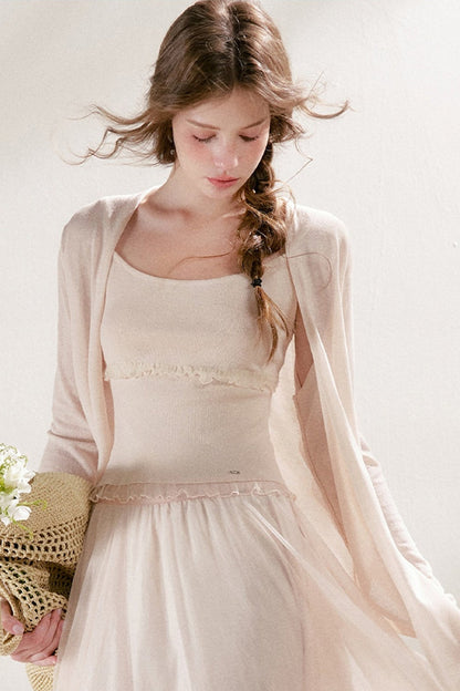 Thin Loose Knit Lace Cardigan and Cami Set