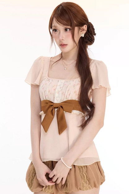 Floral Bow Chiffon Top and Lace Petal Shorts Set
