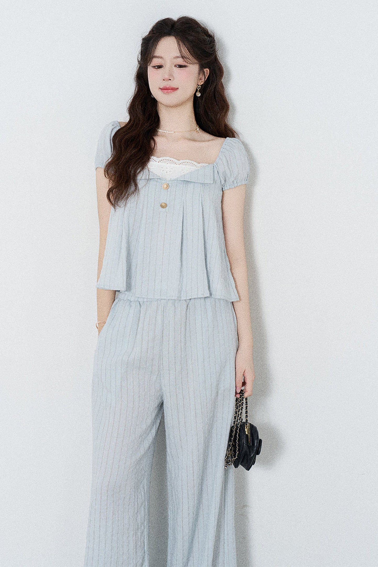Blue Striped Square-Neck Shirt and Wide-Leg Pants Set-Up