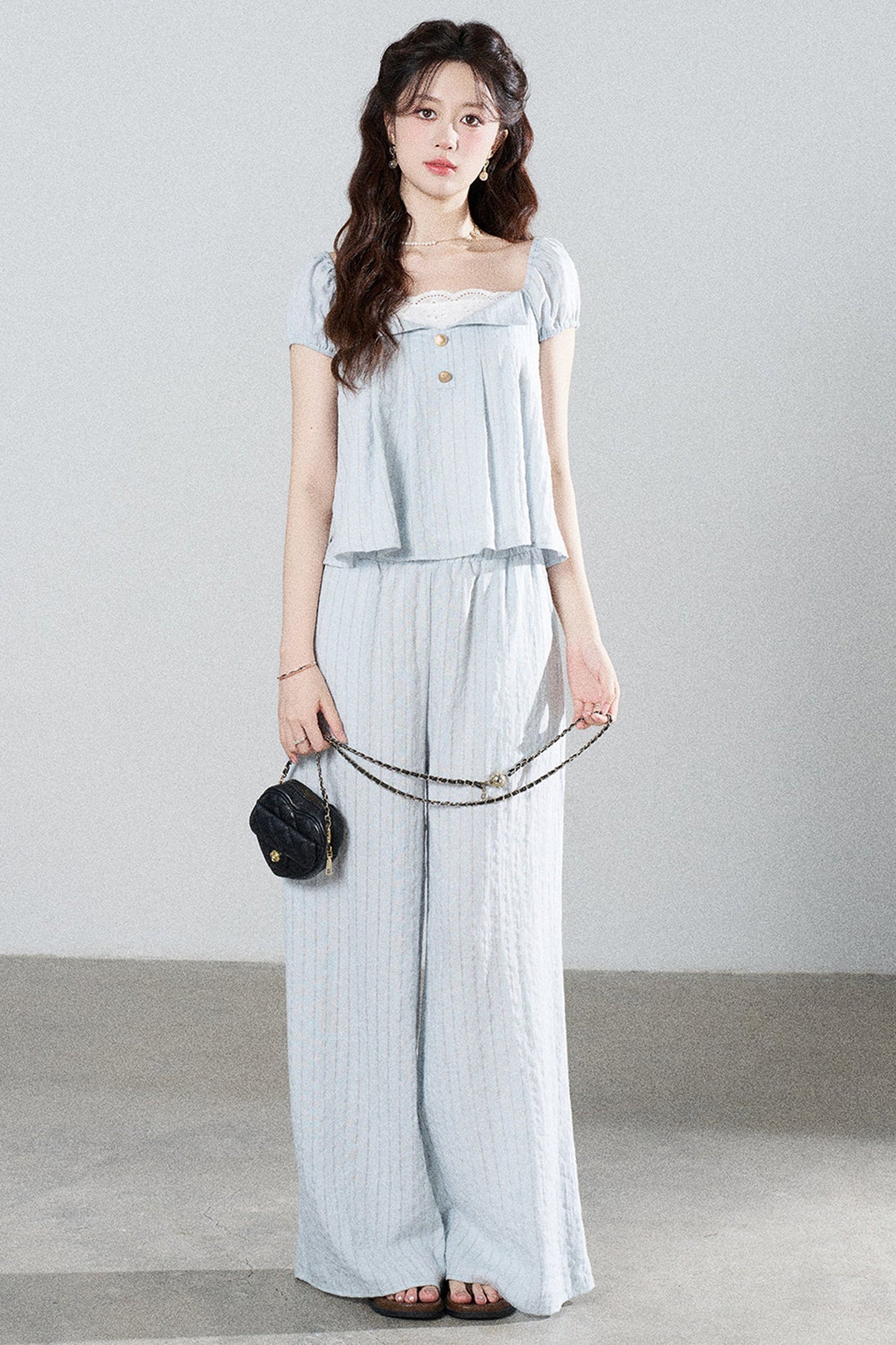 Blue Striped Square-Neck Shirt and Wide-Leg Pants Set-Up