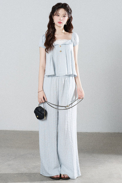 Blue Striped Square-Neck Shirt and Wide-Leg Pants Set-Up