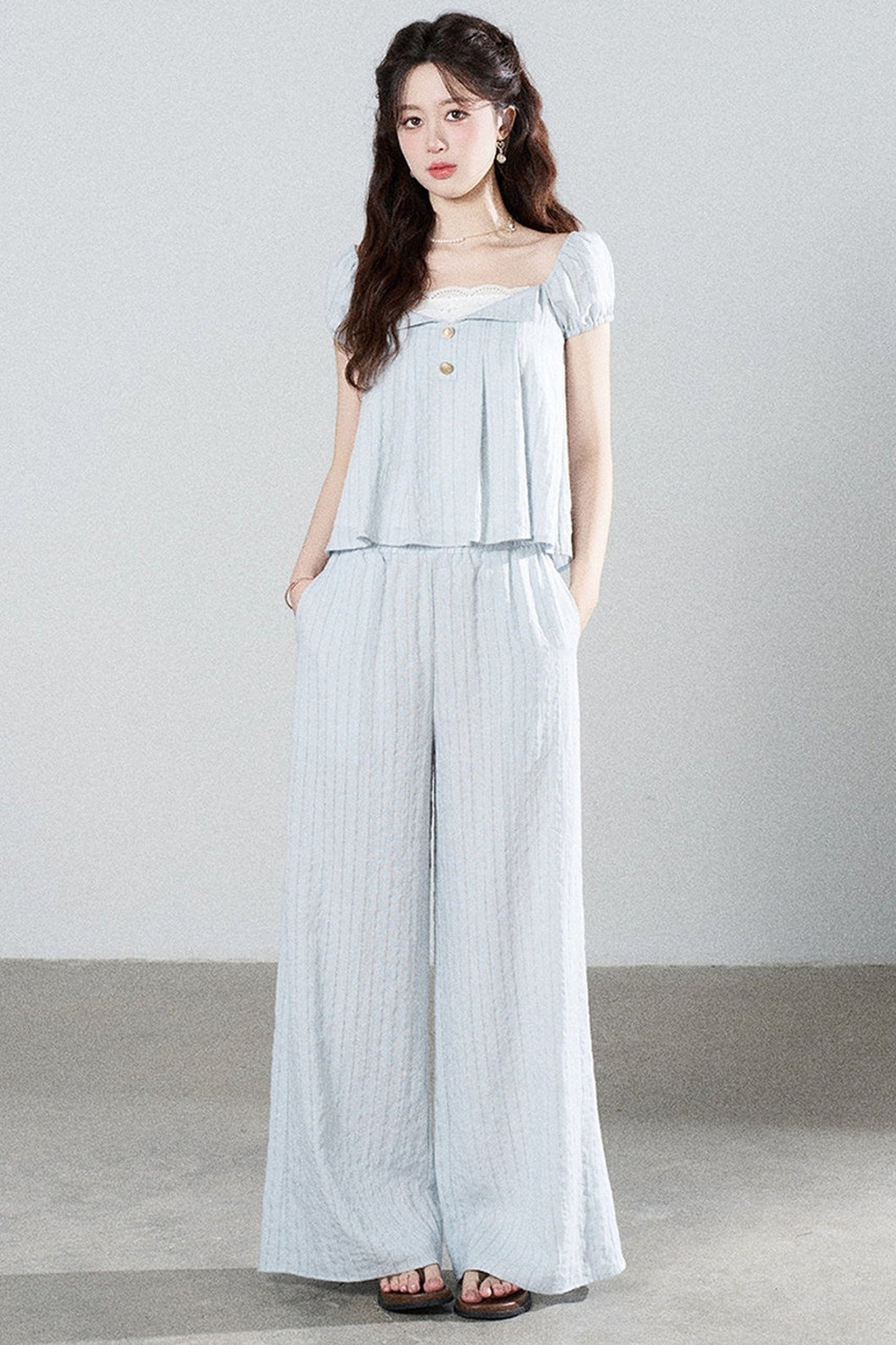 Blue Striped Square-Neck Shirt and Wide-Leg Pants Set-Up
