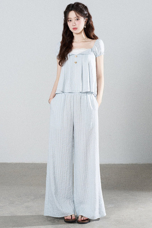 Blue Striped Square-Neck Shirt and Wide-Leg Pants Set-Up