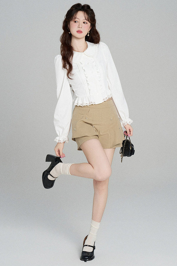 Ruffled Doll Collar Blouse And Shorts Set-Up