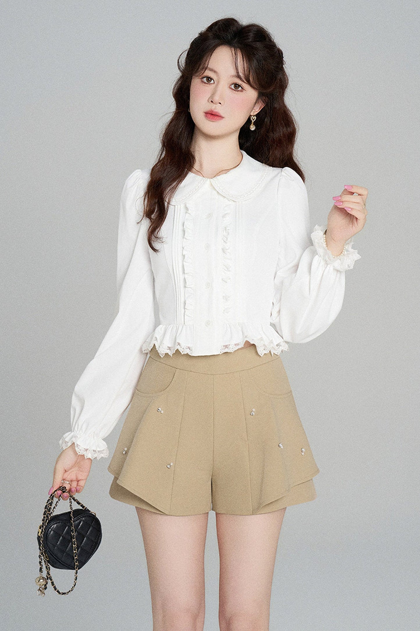 Ruffled Doll Collar Blouse And Shorts Set-Up