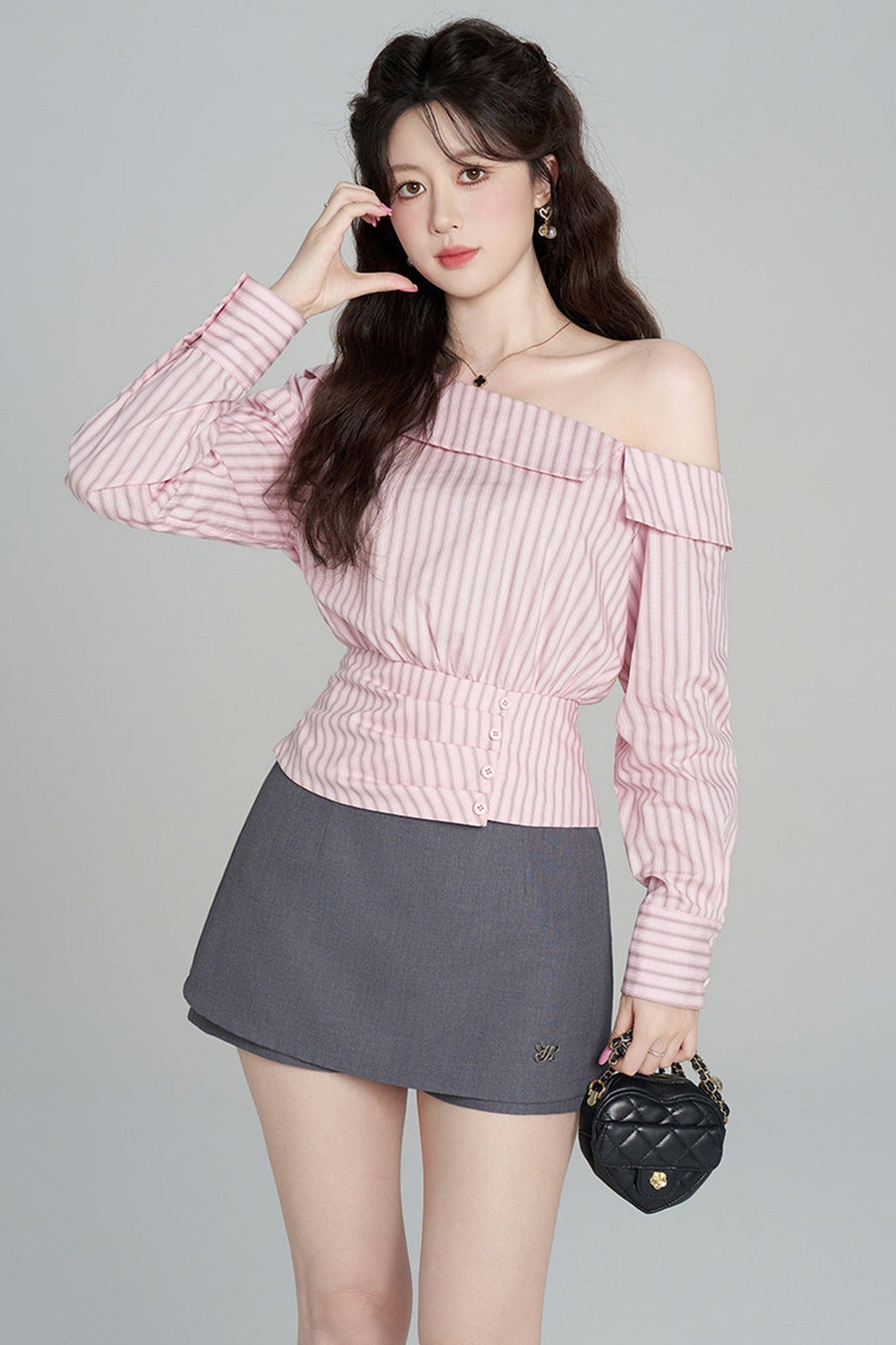 Pink Striped Off-Shoulder Long-Sleeve Shirt and Skirt Set-Up