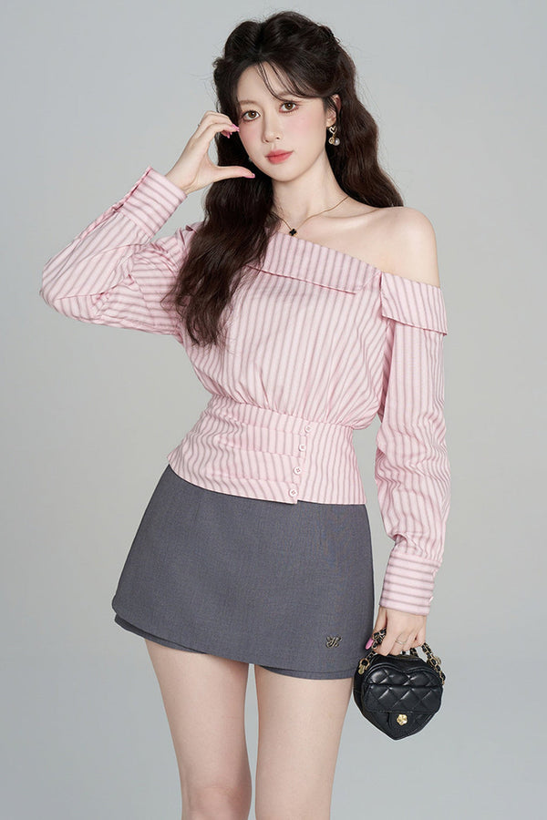Pink Striped Off-Shoulder Long-Sleeve Shirt and Skirt Set-Up