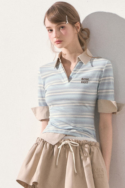 Mint Striped Patchwork Polo Top