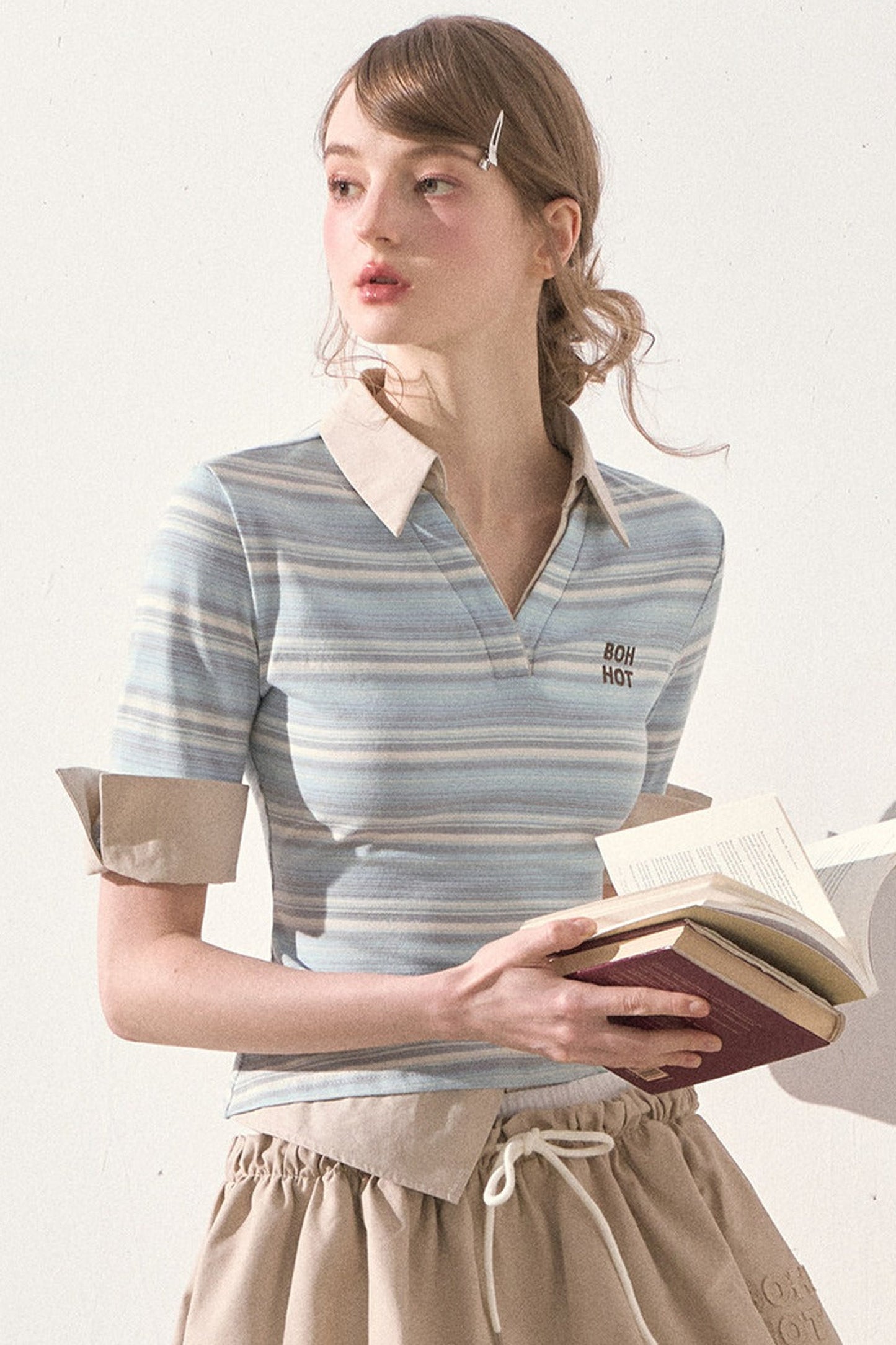 Mint Striped Patchwork Polo Top