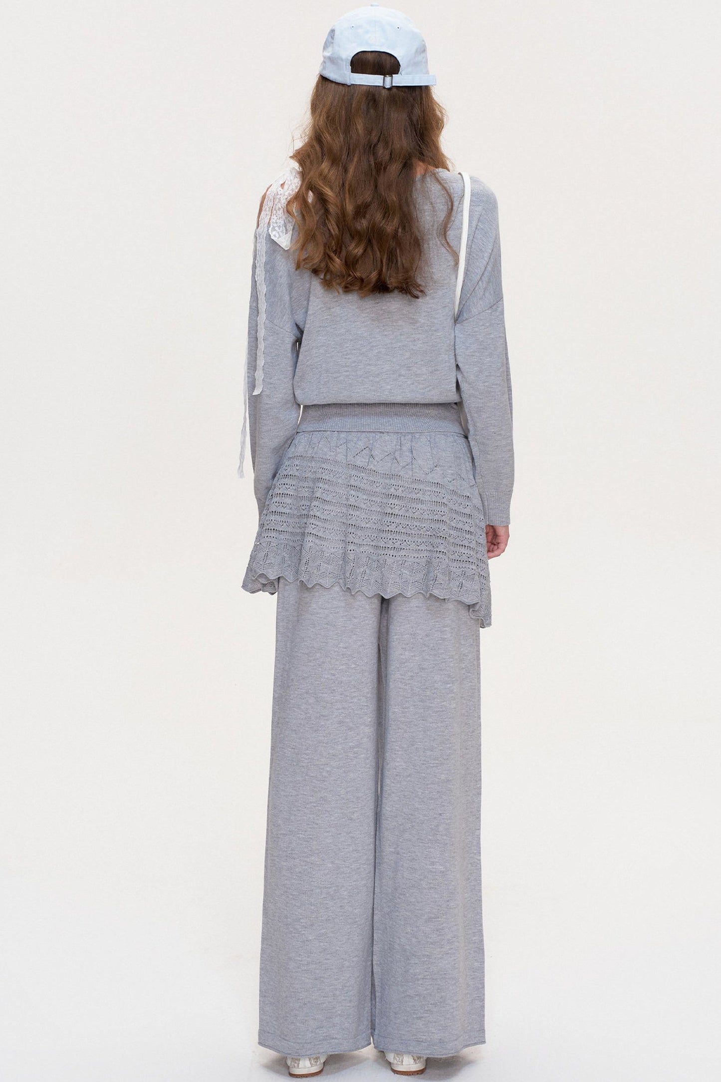 Wool Blend Off-Shoulder Lace Bow Knit Sweater and Pants Set-Up